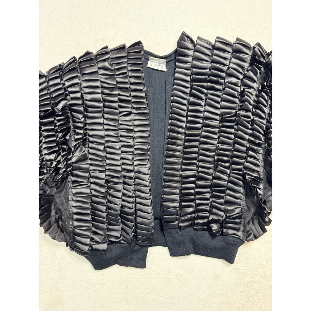 VTG Phyllis Sues Black Knit Cardigan Ruffle Satin Bolero Jacket Sz Sm Tango - Picture 3 of 13
